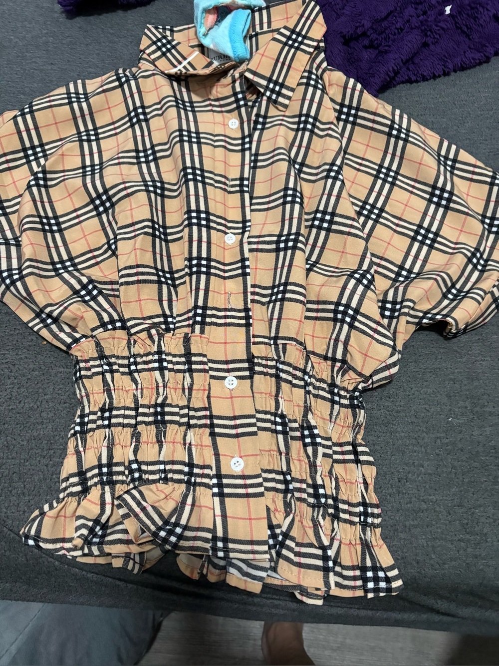 Beige Black & Red Check Button-Front